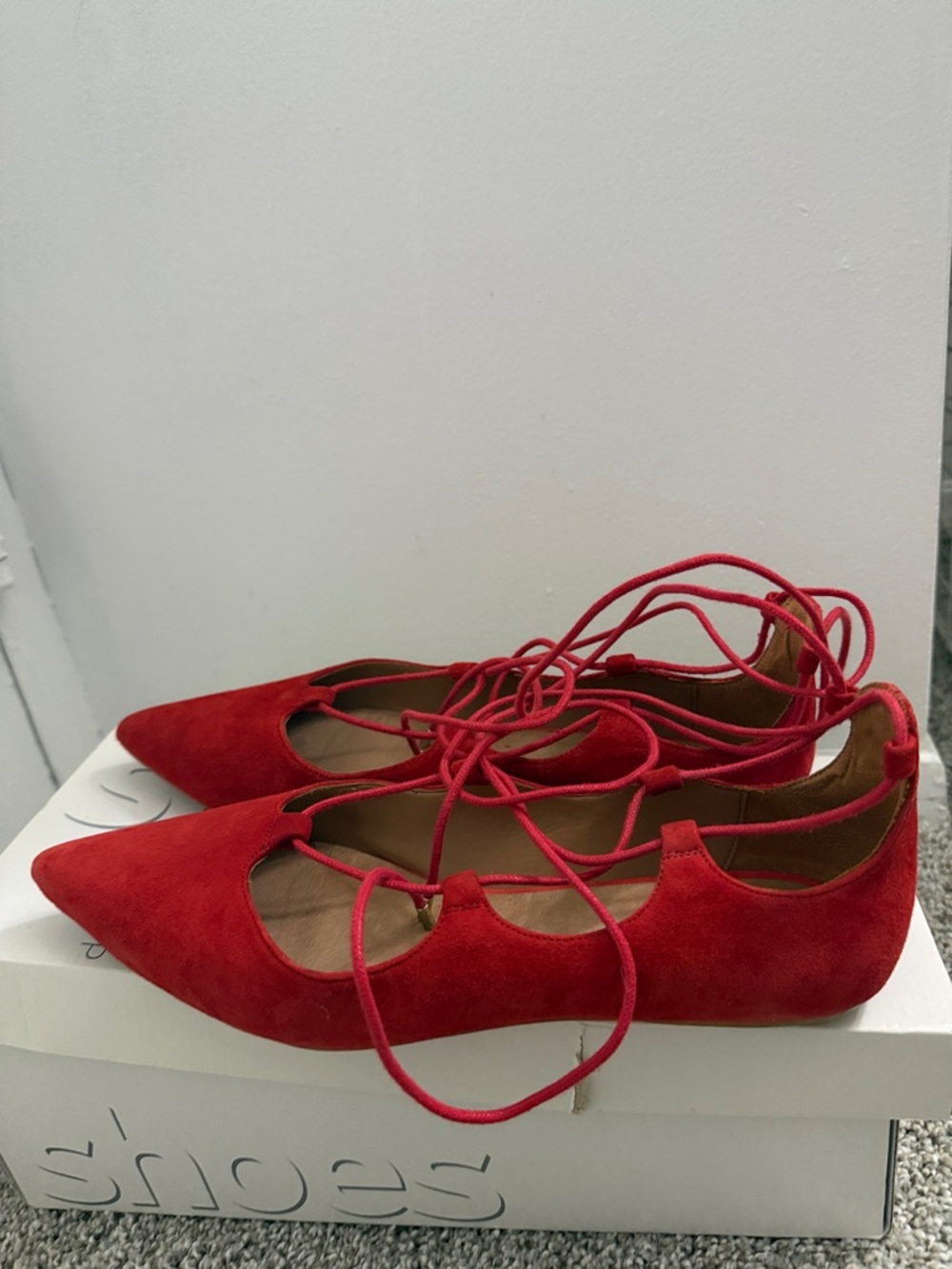 Topshop Red Faux Suede Lace-Up Pointed-Toe Flats size 7.5